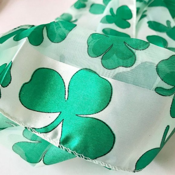 Green Satin Irish Celtic Shamrock Scarf White St. Patricks Day Chiffon 57" X 8" - Picture 7 of 9